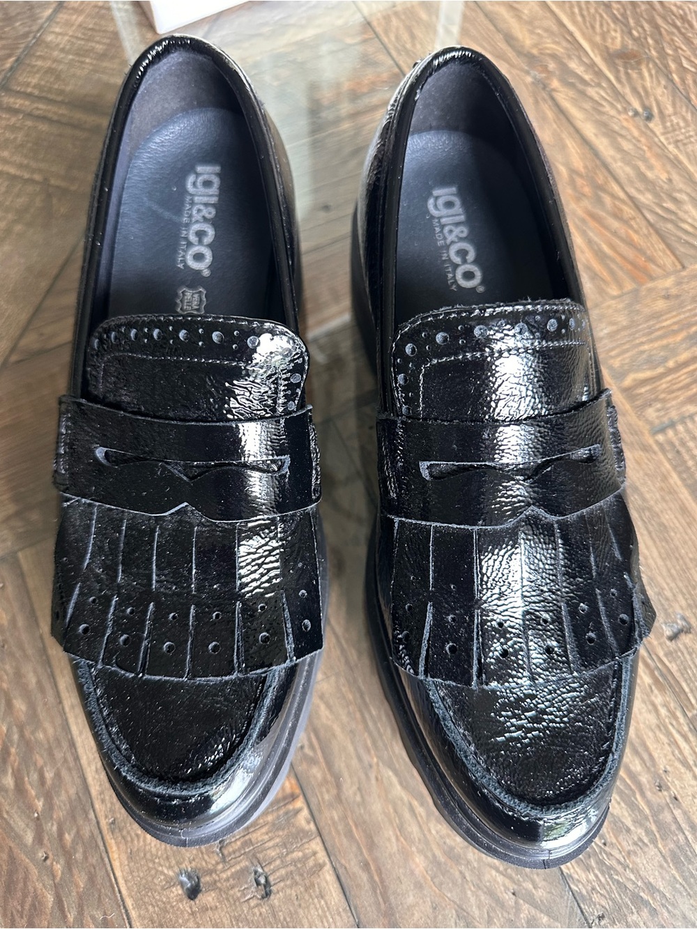 Igi & Co Women Italian Black Patent Leather Kiltie Chunky Penny Loafers Sz 39/9